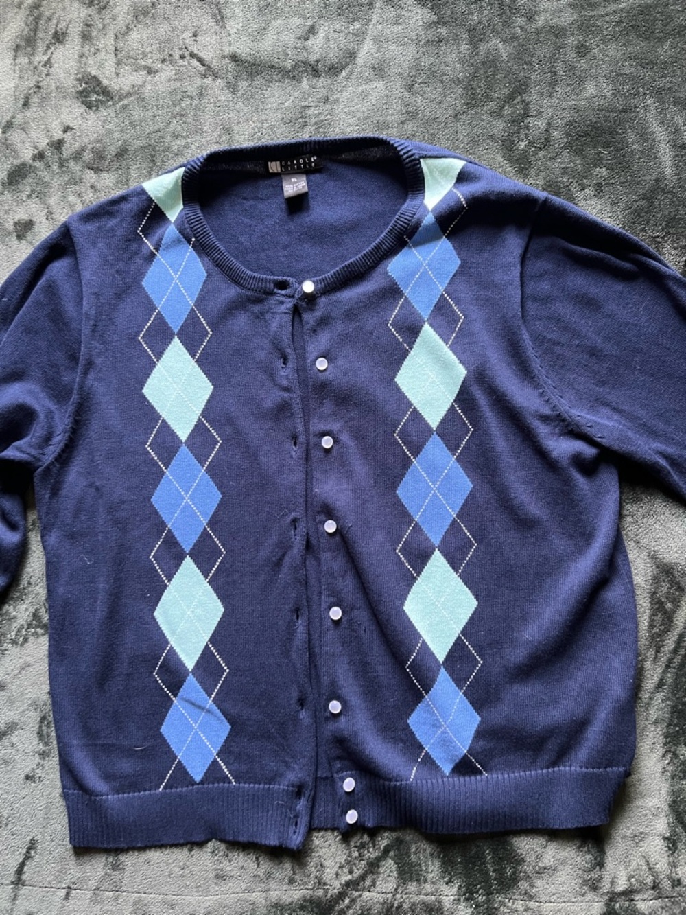 Carole Little Navy Argyle Button-Front Women’s Sweater. 3/4 Sleeves.